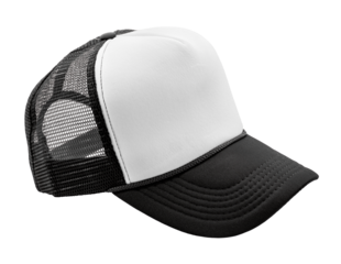 Black and white mesh trucker cap isolated on transparent background. Perfect for casual outfits, branding, or promotional 