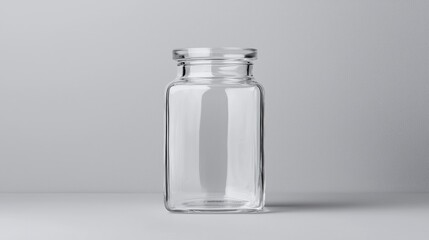 Empty glass jar on grey background; product packaging