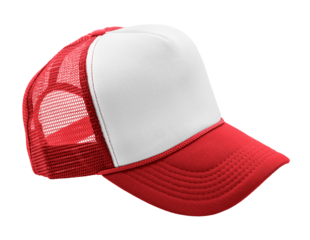 Red and white trucker cap isolated on transparent background. Blank mesh baseball hat for branding and design mockup. Sporty and stylish.
