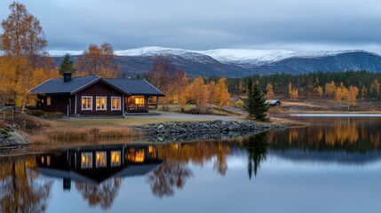 Fototapeta premium Tranquil Autumn Scene at a Lakeside Cabin Surrounded by Colorful Foliage and Mountains