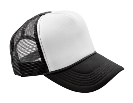 Black and white mesh trucker cap isolated on transparent background. Perfect for casual outfits, branding, or promotional - Powered by Adobe
