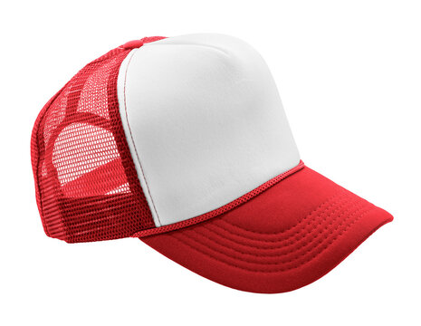 Red and white trucker cap isolated on transparent background. Blank mesh baseball hat for branding and design mockup. Sporty and stylish.
