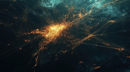 Global shipping network visualized with interconnected lines, container ships at sea.
