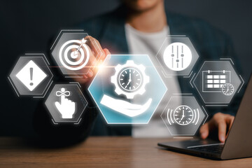 Illustration of digital time management with icons and clock, symbolizing productivity and efficient planning.