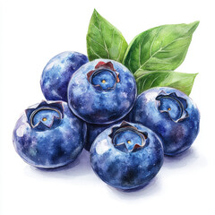 Obraz premium Beautiful Illustration of Fresh Blueberries with Green Leaves, Isolated on a White Background.