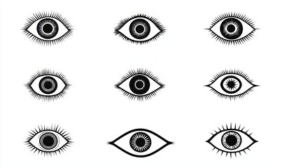 Various eye styles illustrated, a group of logos featuring a black vision logotype, eyes with black outer lines, a woman's eye isolated on a white backdrop, makeup accessories, and beauty salon