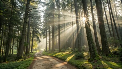 Obraz premium Panorama with sun rays through forest trees, peaceful atmosphere, wooden landscape