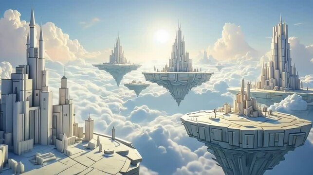 Surreal floating cities in a dreamy sky, with intricate buildings and soft clouds, creating a fantastical atmosphere.