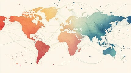 Global trade routes flat design side view world map infographic water color complementary color scheme.