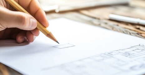 Architect Drafts Building Plans with Precision on Paper Using Pencil, Creating Detailed Sketches for a New Construction Project.