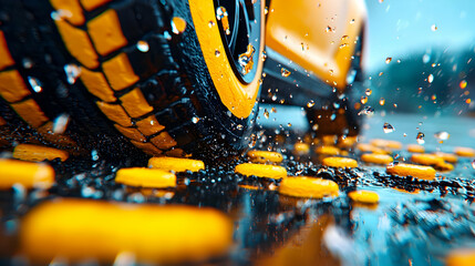 Yellow car splashing water, tire close-up, wet road, outdoor