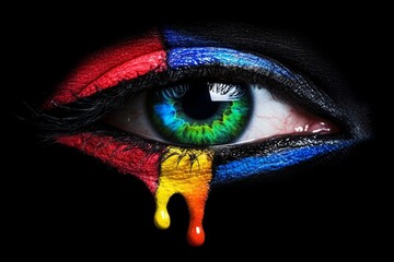 A sharp, realistic close-up of an abstract human eye painted in rainbow hues, beautifully detailed and zoomed in. Stock