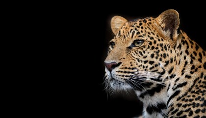 Striking Leopard Portrait against Black Backdrop, Highlighting the Majesty and Grace of the Wildcat, Capturing the Essence of a Regal Predator in its Natural Glory