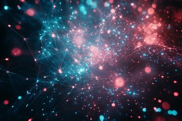 Obraz premium An abstract 3D AI design features neon waves and lines formed by colorful optic fiber cables and wires, glowing with streams of information and optical connections. The use of multicolor data and LED