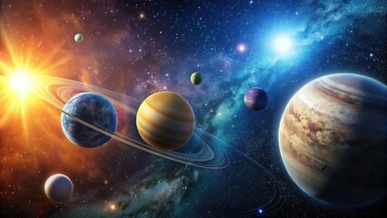 Planets orbit around a bright star in a stunning visual display of celestial mechanics, planet, space scene