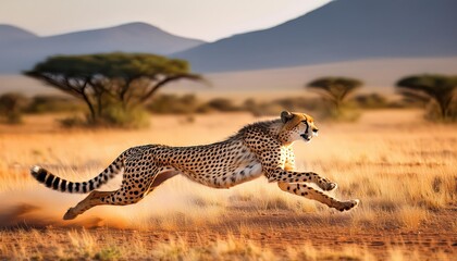 Striking Cheetah Sprint Across Savanna Plains Swift Grace and Powerful Agility Amidst Golden Grasses as Sun Sets Over African Horizon