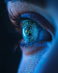 A close-up image of a woman's eye with a blue coloration, set against a background of binary code.