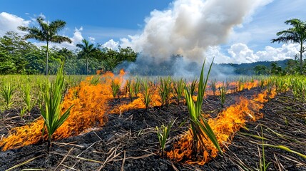 Sugarcane Farmland Engulfed in Thick Smoke Amidst Environmental Crisis