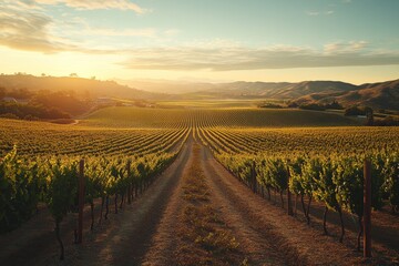 Fototapeta premium Vineyard sunset, rolling hills, agriculture, peaceful landscape