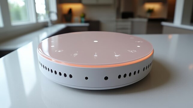 Modern smart home device on a kitchen countertop with soft lighting and blurred background activity