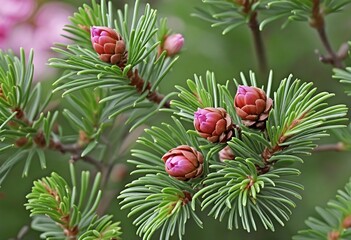 Obraz premium Closeup of Blossoming Spruce Buds in Springtime, Picea abies