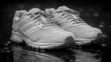Grey running shoes, wet pavement, dark background, sports