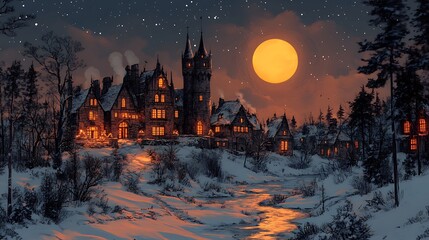 Naklejka premium Cozy cottage surrounded by winter’s moonlit glow pictures