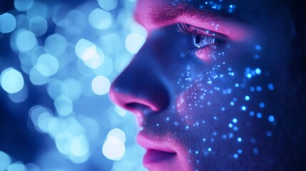 The image of a businessman looking up as the sun rises, combined with an overlay of cityscape and futuristic holograms, symbolizes the integration of modern life, technological innovation, iris