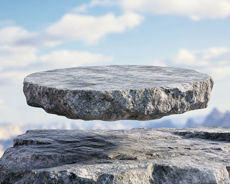 A flat, round piece of gray rock floating in the air on a blue background. 
