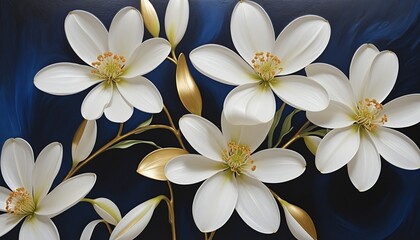 Obraz premium Elegance of White Blossoms on a Dark Blue Canvas with Golden Accents