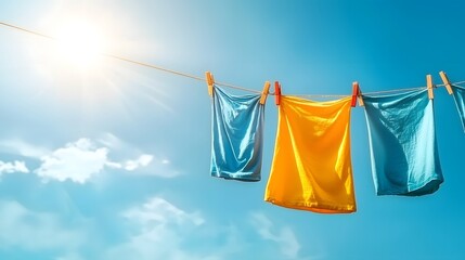 A clothesline with bright freshly washed laundry swaying gently in the breeze under a clear cloudless blue sky  A peaceful everyday domestic scene of household chores and routine tasks
