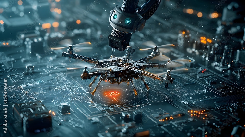 Leinwandbilder a high tech robotic arm meticulously assembling an advanced autonomous military drone with cutting e