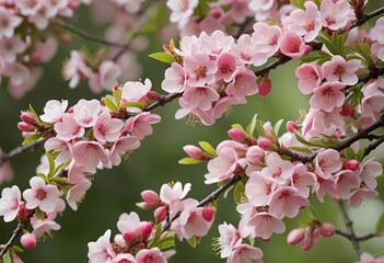 Fototapeta premium Blossoming Prunus Triloba: A Pink Floral Delight on Vibrant Green Shrub