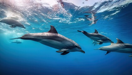 Obraz premium Lively Pod of Dolphins Playing Underwater, Exploring a Pristine Blue Ocean Depth, Showcasing Joy and Grace in an Amazing Aquatic Ballet