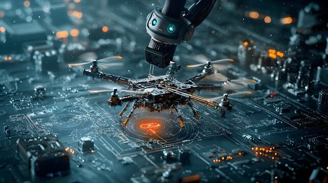 A high tech robotic arm meticulously assembling an advanced autonomous military drone with cutting edge automation and precision technology
