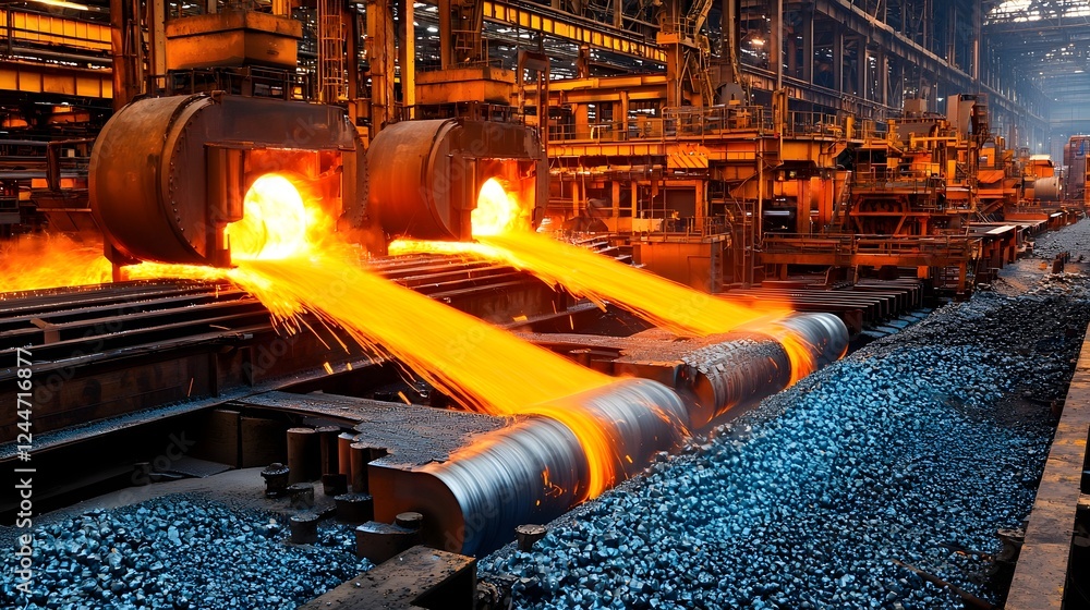 Poster a massive steel mill with glowing molten metal pouring from a giant furnace creating a fiery and int