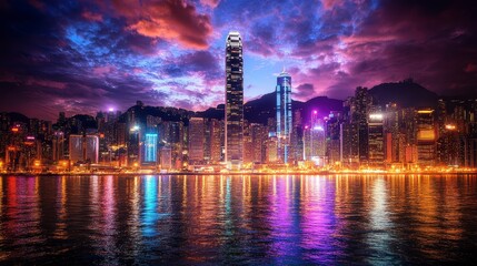 Naklejka premium Night Cityscape With Vibrant Lights Reflected In Water