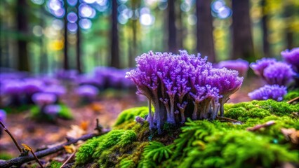 Obraz premium Slime mold growing in a forest clearing with various shades of purple and green hues, slime mold, fungal growth, myxomycete, leaf litter