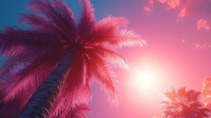 Pink Palms Sunset Tropical Beach Scene