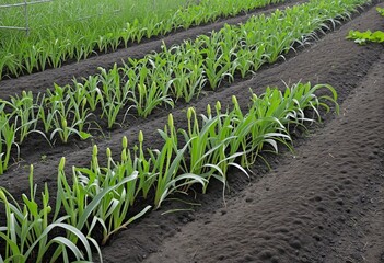 Rows of Fresh Garlic Sprouts Thriving in a Mounded Organic Garden Bed