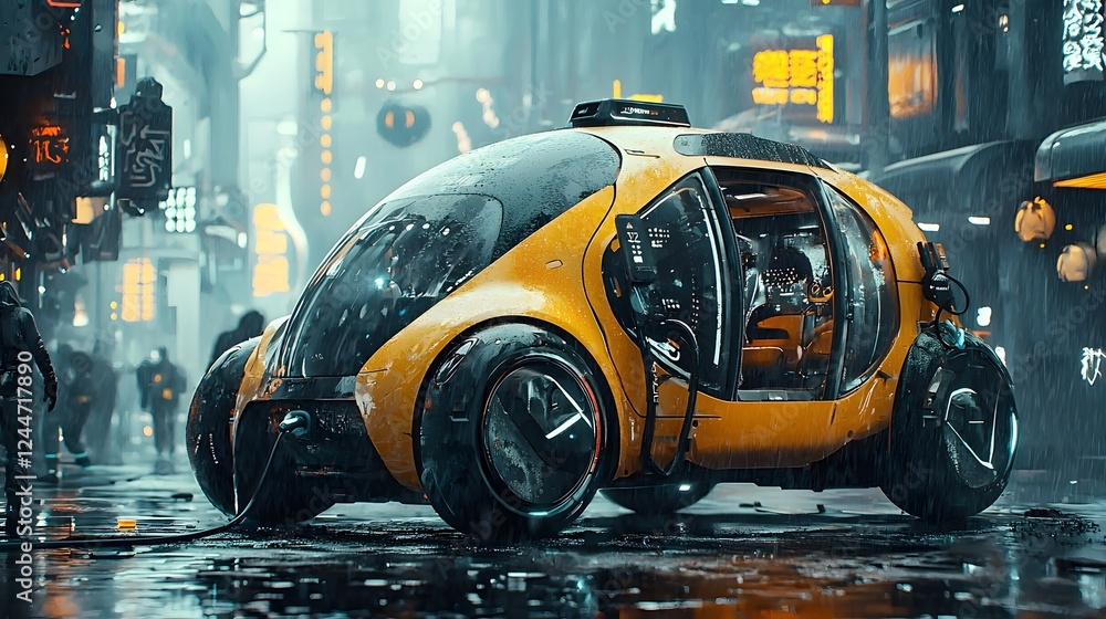 Poster a sleek and futuristic looking taxi with autonomous features is parked and charging wirelessly at a 