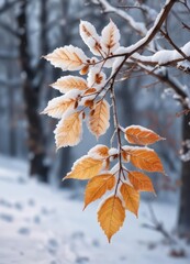 Snow-covered twig with wilted leaf and branch, frosty morning, winter landscape, cold weather