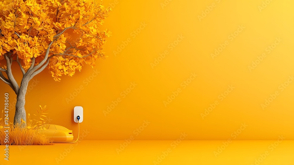 Poster A striking and conceptual image depicting a tree growing directly from the charging port of an electric vehicle symbolizing the interplay between nature and technology