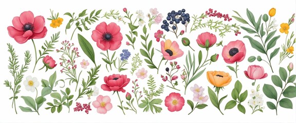 Romantic Floral Collection with Twigs, Leaves, and Berries - Vector Elements for Spring and Summer Decor