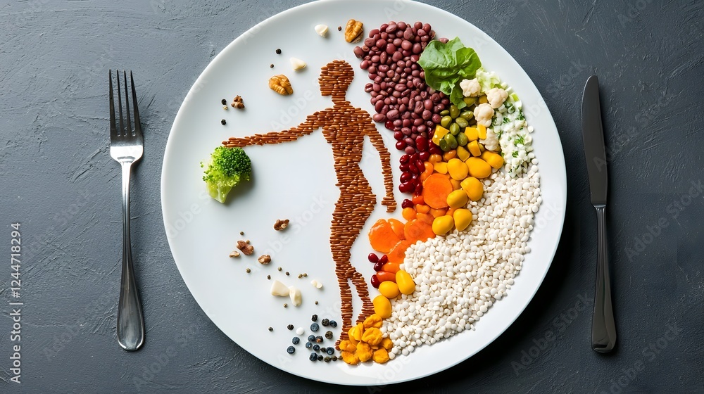 Aufkleber a visually striking plate showcasing a balanced nutritious meal arranged in the shape of a human bod
