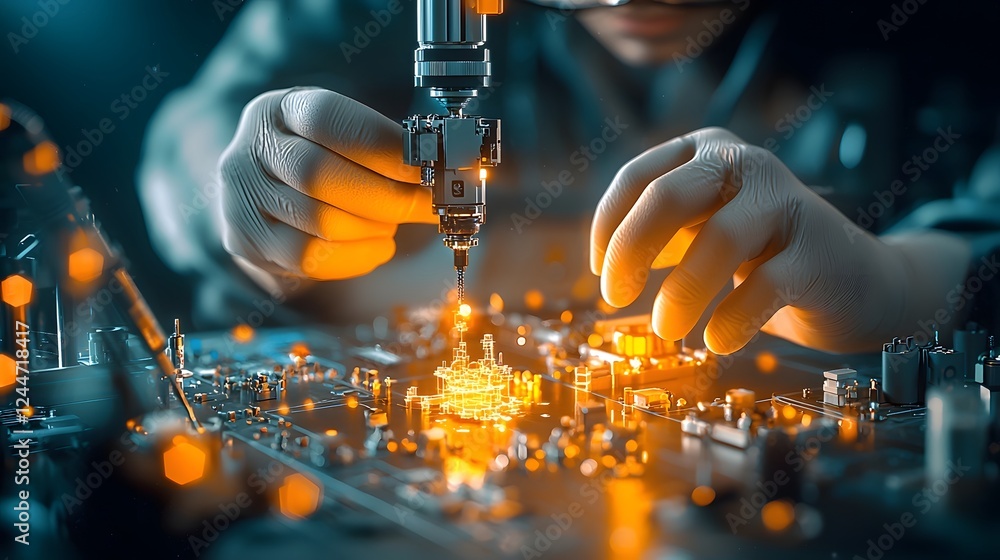 Poster Advanced 3D Printer Constructing a Futuristic Self Replicating Nano Machine in a Dimly Lit Laboratory Environment Showcasing the Cutting Edge of Nano Technology and Automation