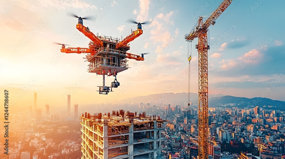 Poster Aerial view of a drone powered construction site efficiently assembling a new building in real time showcasing the latest advancements in construction technology and automation