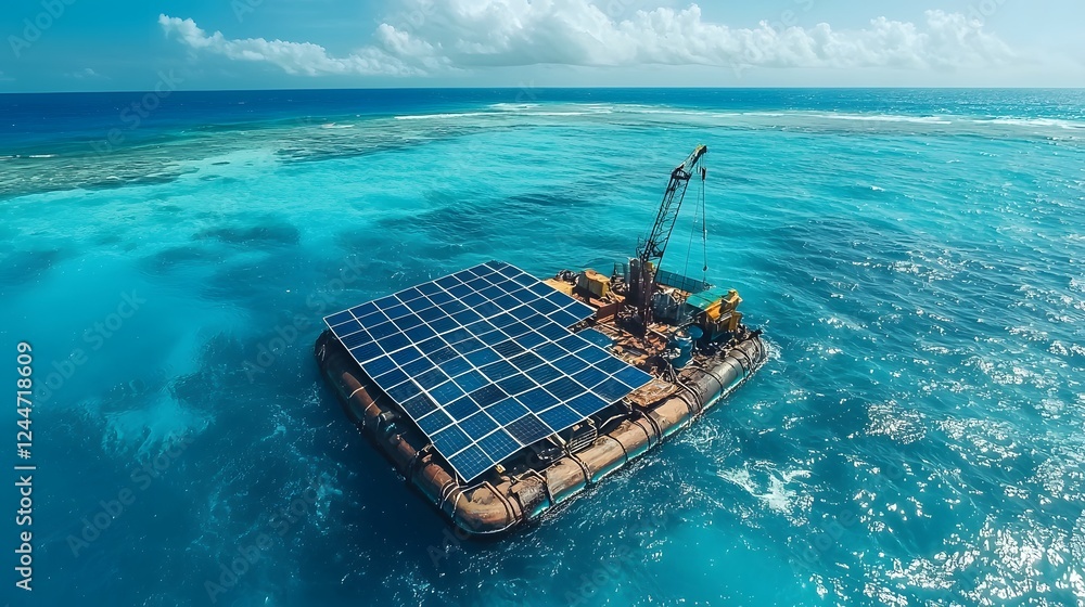 Poster aerial view of a floating solar power plant or farm generating clean sustainable electricity from so