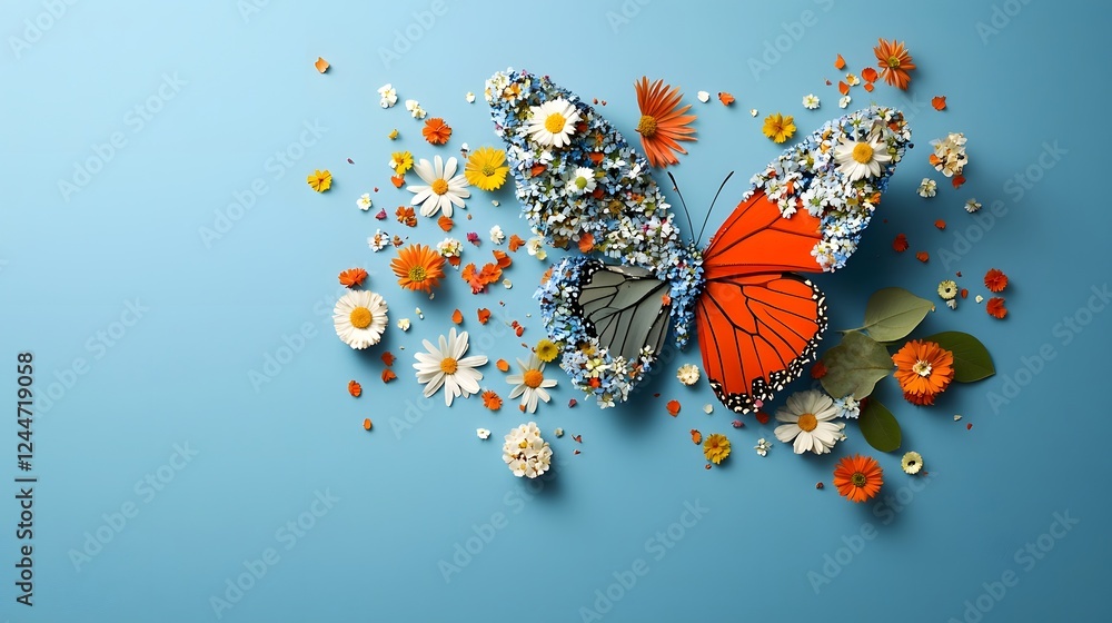 Poster and imaginative depiction of a butterfly created by arranging various types of colorful flowers leav