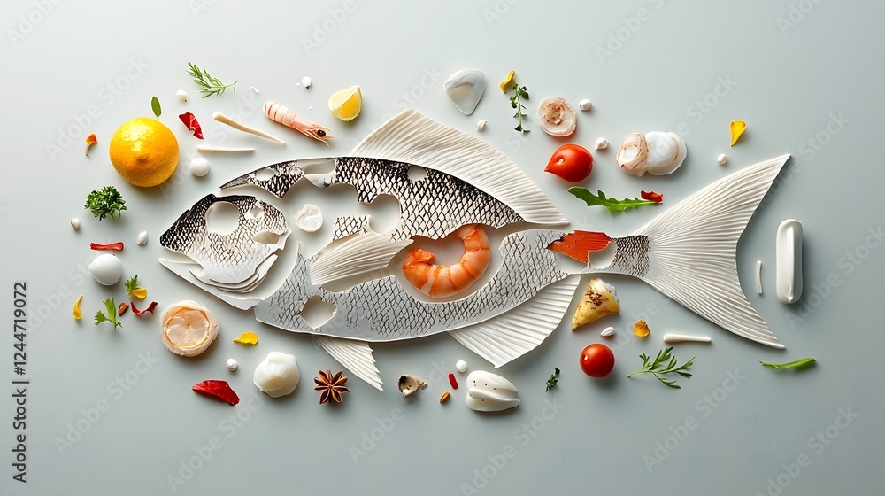 Poster arrangement of various seafood and fresh herbs forming the silhouette of a fish on a minimalist clea